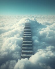 A serene stairway leads through fluffy clouds into a blissful sky, evoking tranquility.