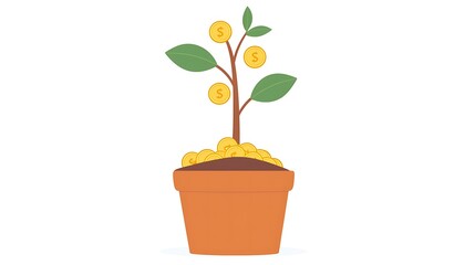 Growing wealth, a money tree in a pot.  A simple illustration of a small plant growing coins, symbolizing financial growth and abundance