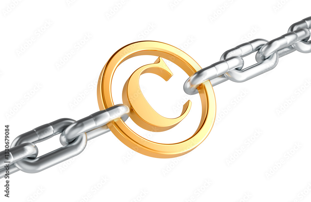 Poster copyright symbol with link of chain. protection, concept. 3d rendering isolated on transparent backg