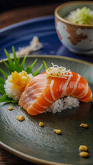 Surf clam Nigiri, Hokkigai sushi on rice, classic ceramic plate, close-up photo with a noble background.