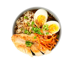 Bowl of ramen noodle soup with chicken and korean carrot salad on white background