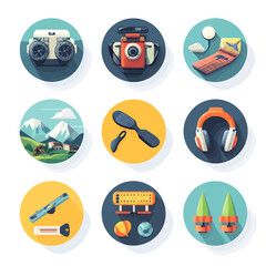 Travel & Tech Icons: Camera, Headphones, Landscape, and More in Flat Design