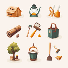 Crafting Illustration: Wooden Cabin, Lantern, Gardening Tools and Supplies