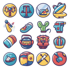 Diverse Icon Set: Toys, Travel, Nature, and Childhood Memories Collage