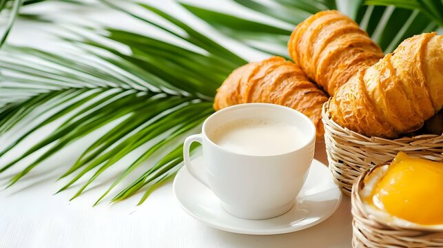 cocount and palm branch on white background