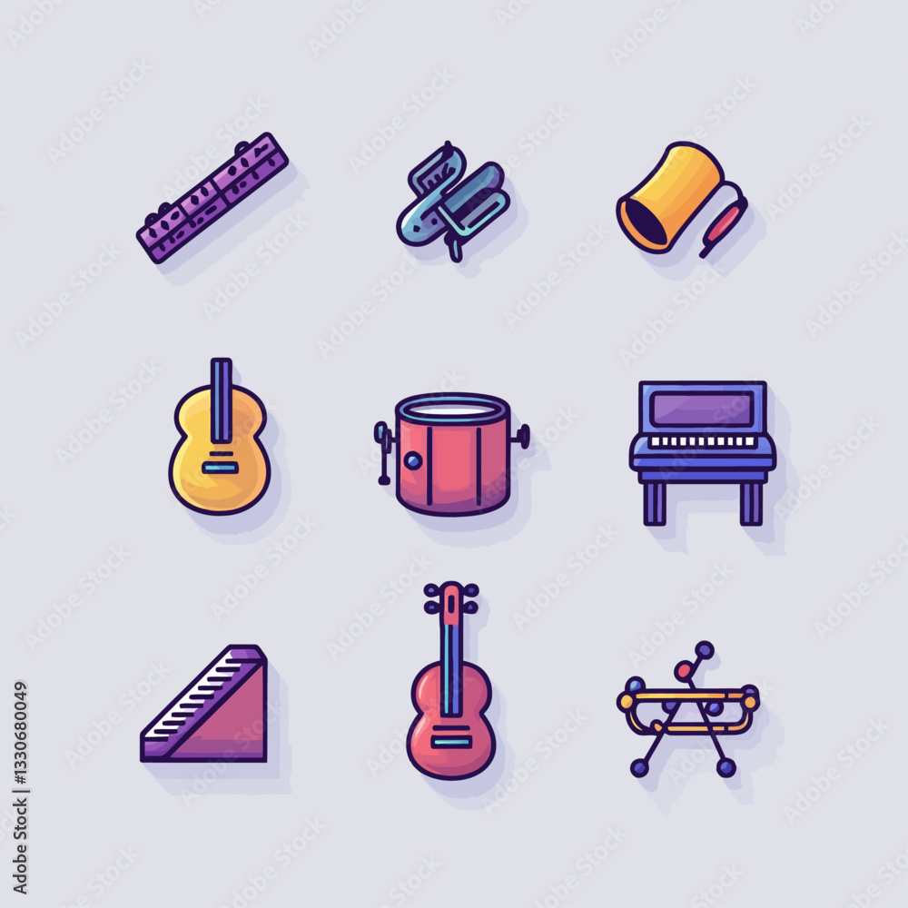 Poster colorful icon set displaying assorted musical instruments on gray background
