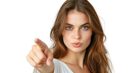 Serious young woman pointing finger at you on transparent background