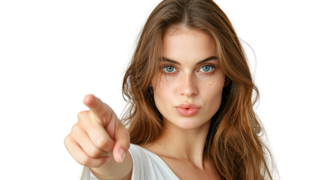 Serious young woman pointing finger at you on transparent background - Powered by Adobe