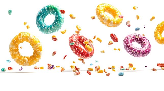 Falling colorful corn rings isolated on white