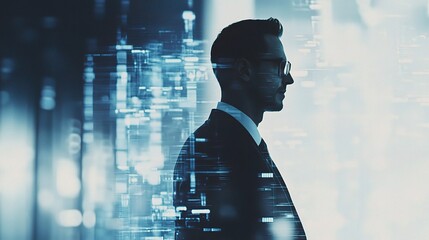 Double Exposure of Businessman with Futuristic Digital Overlay