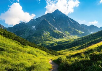 Obraz premium Majestic Mountain Landscape with Lush Green Valley and Bright Blue Sky Under Fluffy Clouds on a Sunny Day in a Serene Natural Environment
