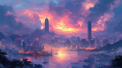 Naklejka premium Cityscape at Sunset: A Serene Urban Panorama