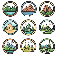 Scenic mountain range icon set with nature symbols and outdoor landscapes