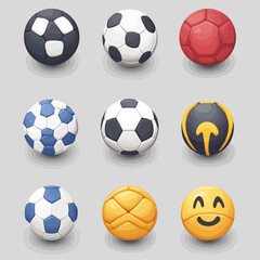 Assorted football balls collection: sport equipment, play objects on grey