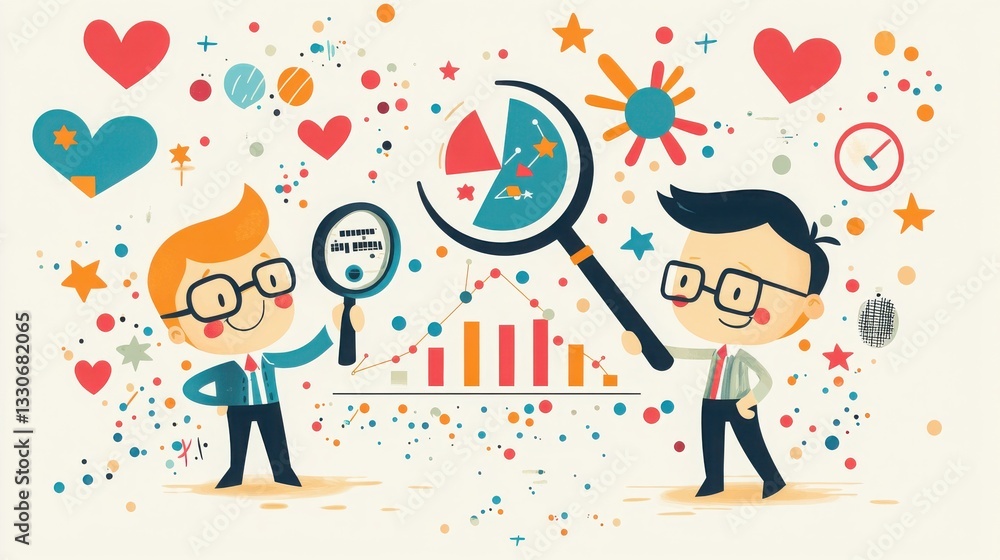 Aufkleber analyzing the data: two cartoon figures with magnifying glasses explore data analytics, visualizing 