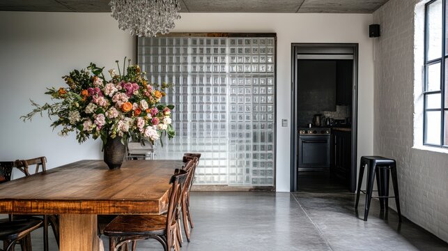 Rustic dining room, floral arrangement, glass block wall, kitchen view, industrial chic