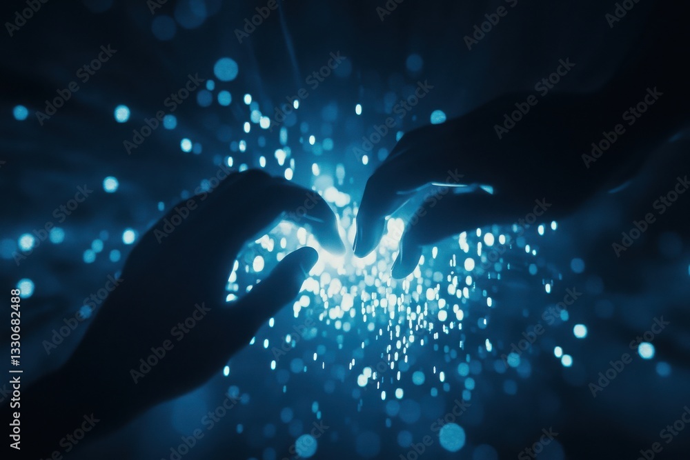 Poster touch of innovation: two hands meet amidst a luminous network of glowing particles, representing the