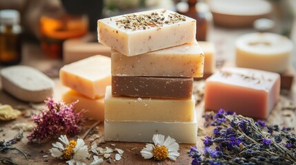 A close-up of natural handmade soap bars stacked neatly with dried flowers and essential oils beside them, emphasizing organic ingredients and cruelty-free skincare. 