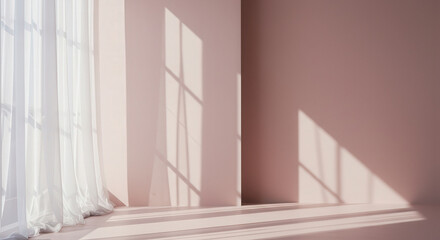 Fototapeta premium Soft pastel sunlight dances on a freshly painted wall in a cozy room