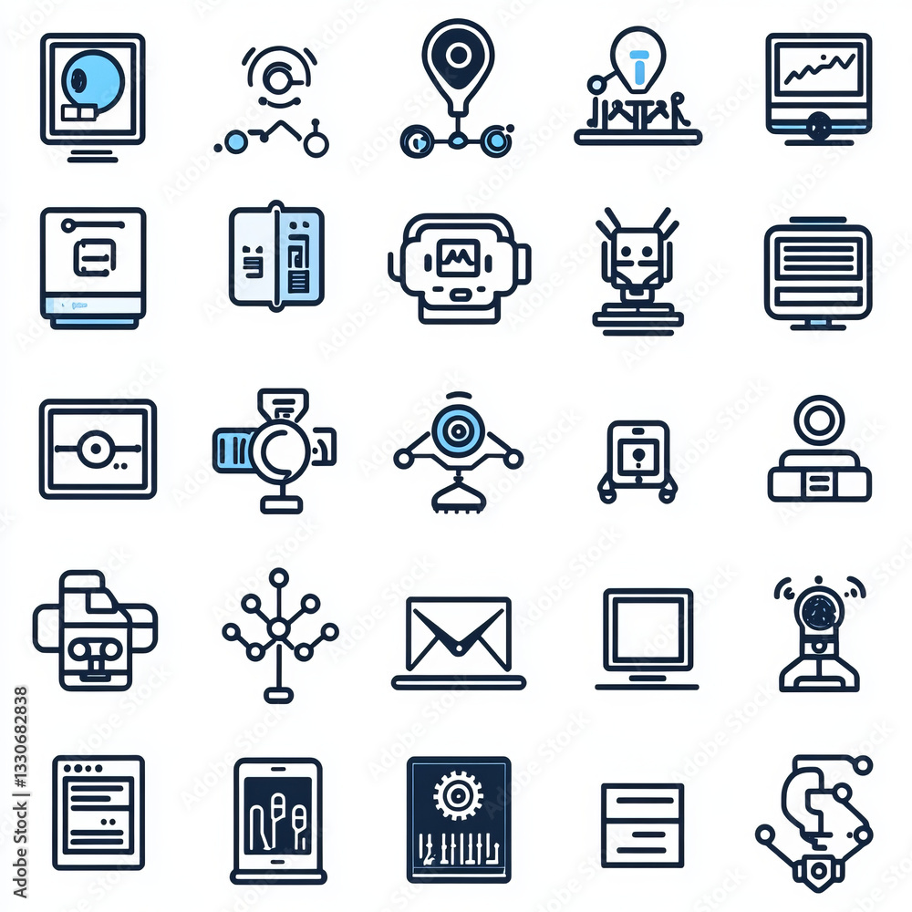 Poster minimalist icons depicting technology, robots, and networking concepts