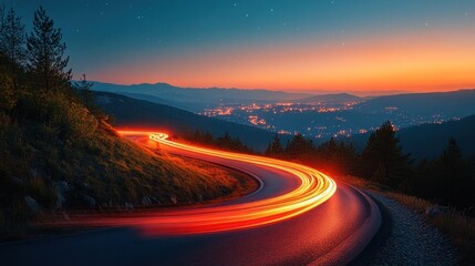 Majestic Mountain Road at Sunset with Light Trails