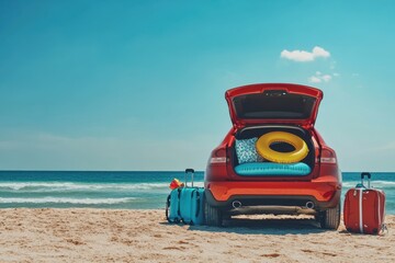 Red car parked on the beach ready for summer vacation