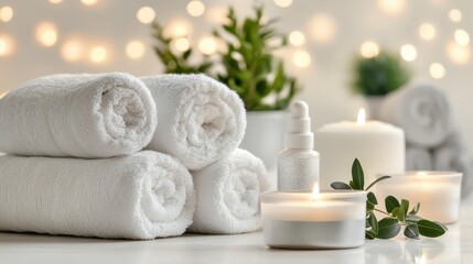 Serene Spa Setting: Luxurious Towels, Candles, and Essential Oils
