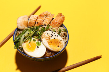 Bowl of ramen noodle soup with chicken and cucumber slices on yellow background, closeup