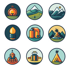 Camping Adventure Icons: Compass, Mountains, Tent, and Backpack Graphic Set