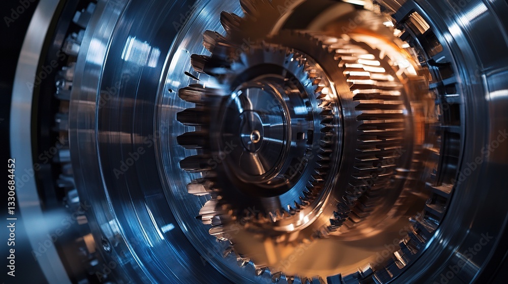 Poster intricate gears and cogs in an industrial machine mechanism