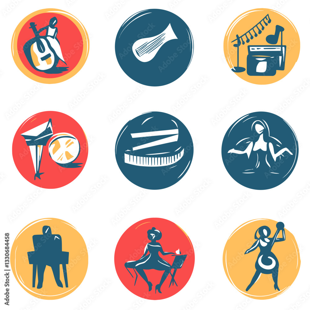 Poster musical instruments and performers in colorful circle graphics set