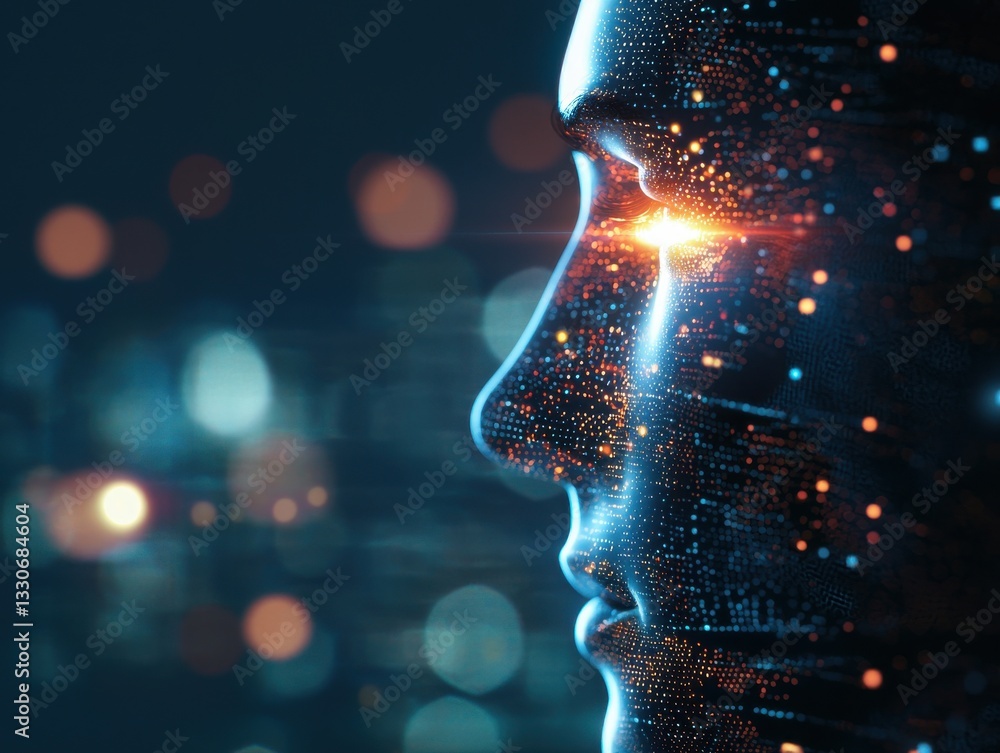 Poster artificial intelligence: captivating digital rendering showcasing a stylized portrait of a human fac