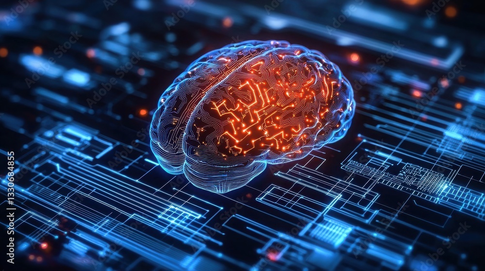 Poster digital brain: an artistic representation of a human brain with circuits, signifying the synergy of 