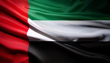 Contrast the UAE flag's dark background. A vibrant depiction of the United Arab Emirates flag draped elegantly against a dark background