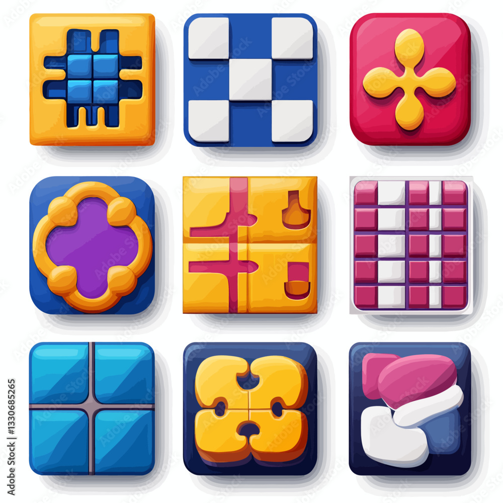 Poster colorful puzzle app icons set for game design and mobile applications