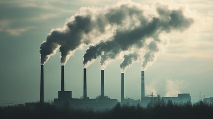Obraz premium Dramatic Industrial View of Chimneys Releasing Smoke Against Sky