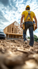 Construction worker walking towards wooden house frame carrying tools and wearing safety helmet on building site