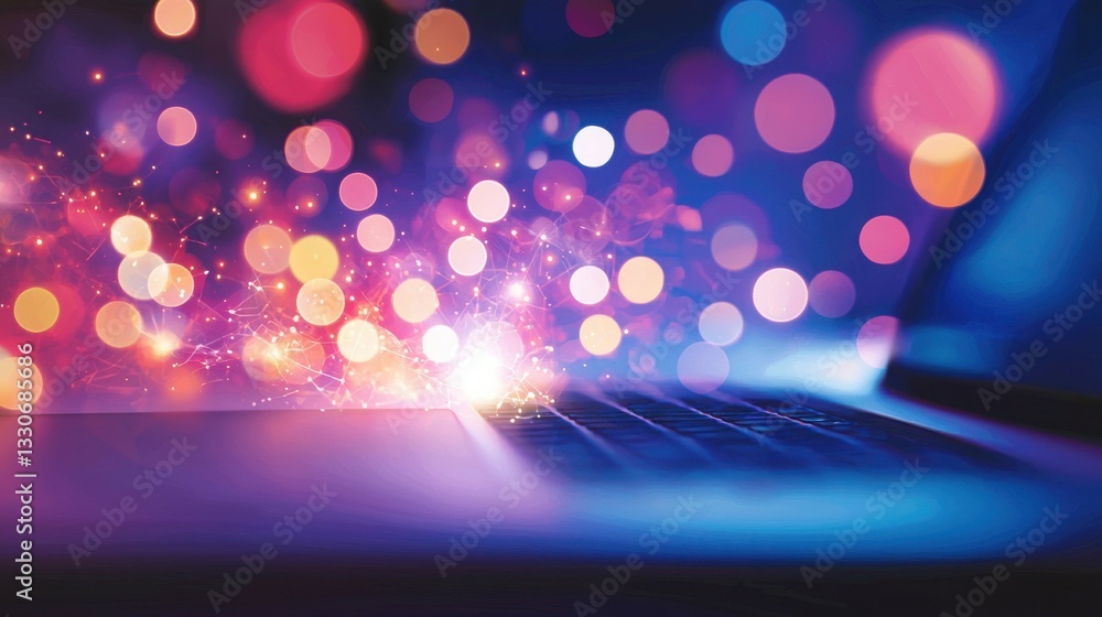 Poster digital symphony: a keyboard glows with colorful bokeh lights, creating a sense of wonder, innovatio