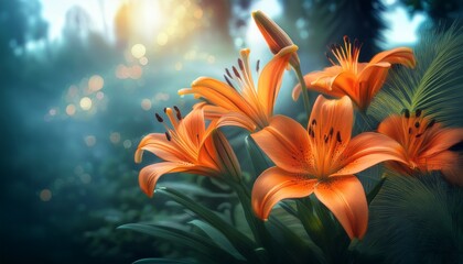 orange lilies on a green background