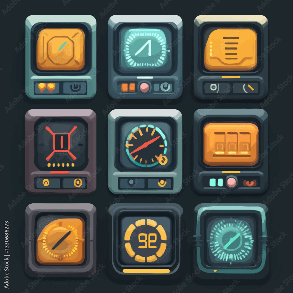 Poster sci-fi device panel: futuristic computer interface with gauges and displays