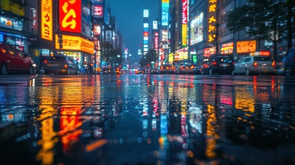 Obraz premium Neon Reflections in a Rainy Cityscape