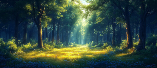 A serene forest with towering trees, where sunlight filters through lush leaves, casting a magical glow that enhances the tranquil and enchanting beauty of nature
