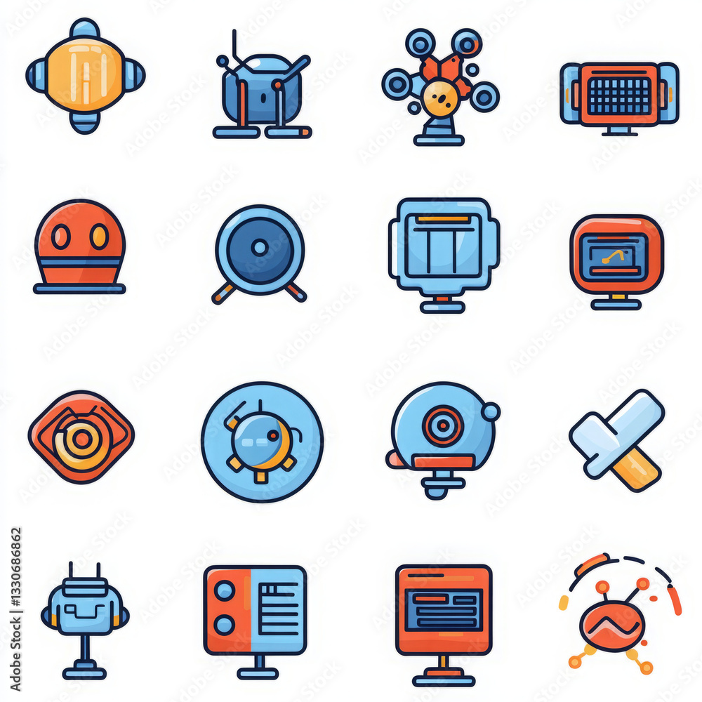 Poster futuristic robots and technological interfaces in stylized illustrations