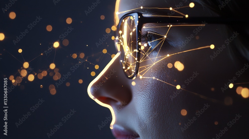 Poster mind's eye: a close-up captures the side profile of a person with glasses, as their gaze is illumina