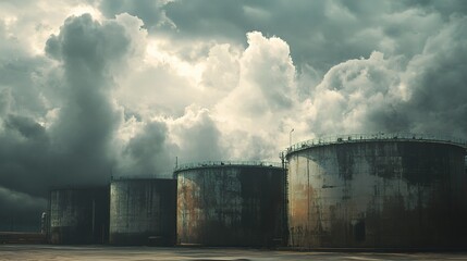 Obraz premium Big Industrial Oil Tanks at Refinery Base Under Dramatic Clouds
