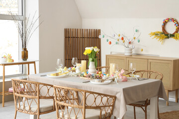 Festive table setting for Easter celebration in dining room