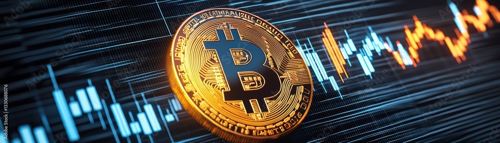 Poster cryptocurrency investment concept with coin and financial data visualizations in background
