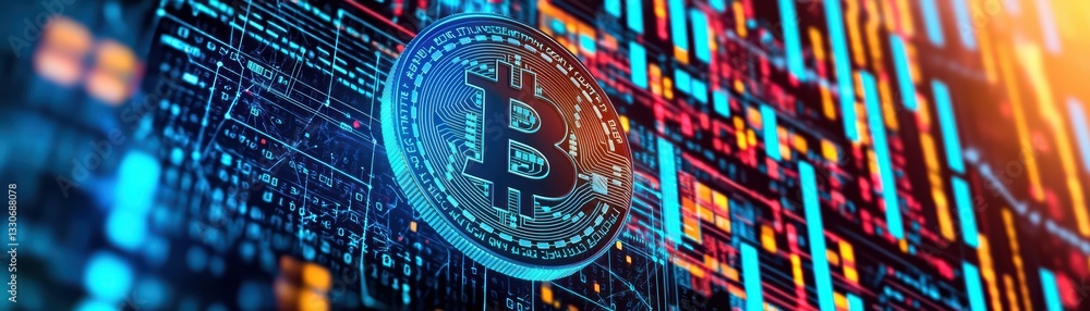 Poster digital currency graph with floating bitcoin symbol overlaid on abstract data background
