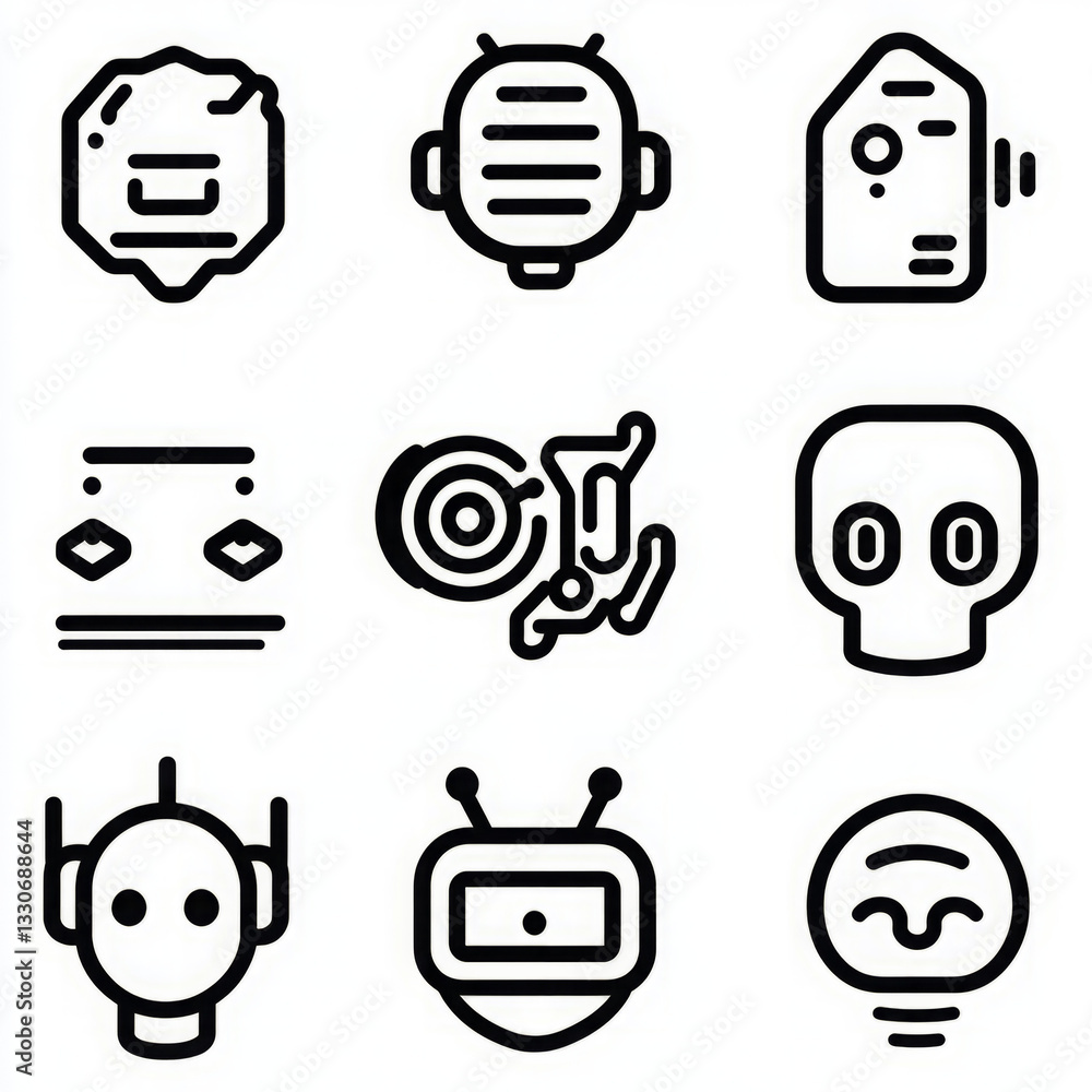 Poster black-outlined robotic and technological icons in simplistic line-art style