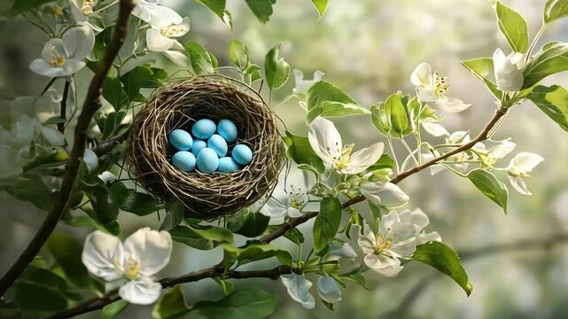 Blue robin eggs in nest on blossoming apple tree branch